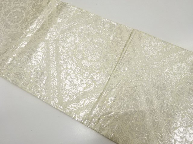 JAPANESE KIMONO / ANTIQUE FUKURO OBI / SILK / SILVER FOIL / WOVEN FLORAL CREST